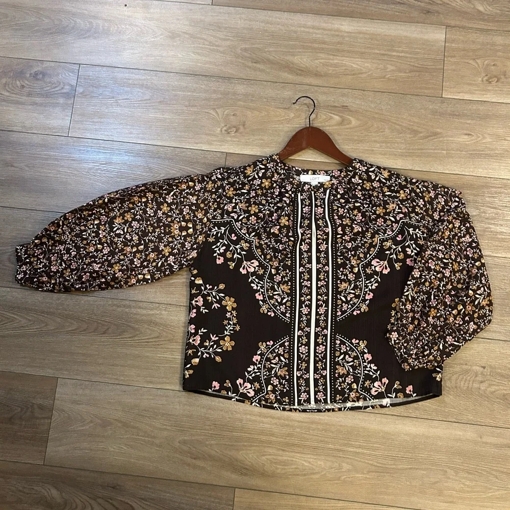 LOFT Black Floral Long-Sleeve Blouse